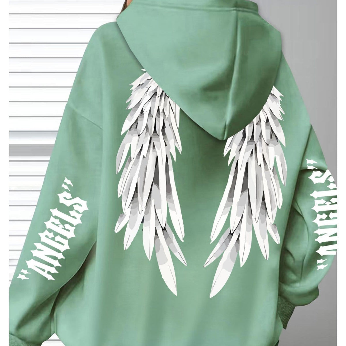 jkthpu-45 Olive Green / UK 16 Plus Size Angel Wings Print Hoodie - Soft
