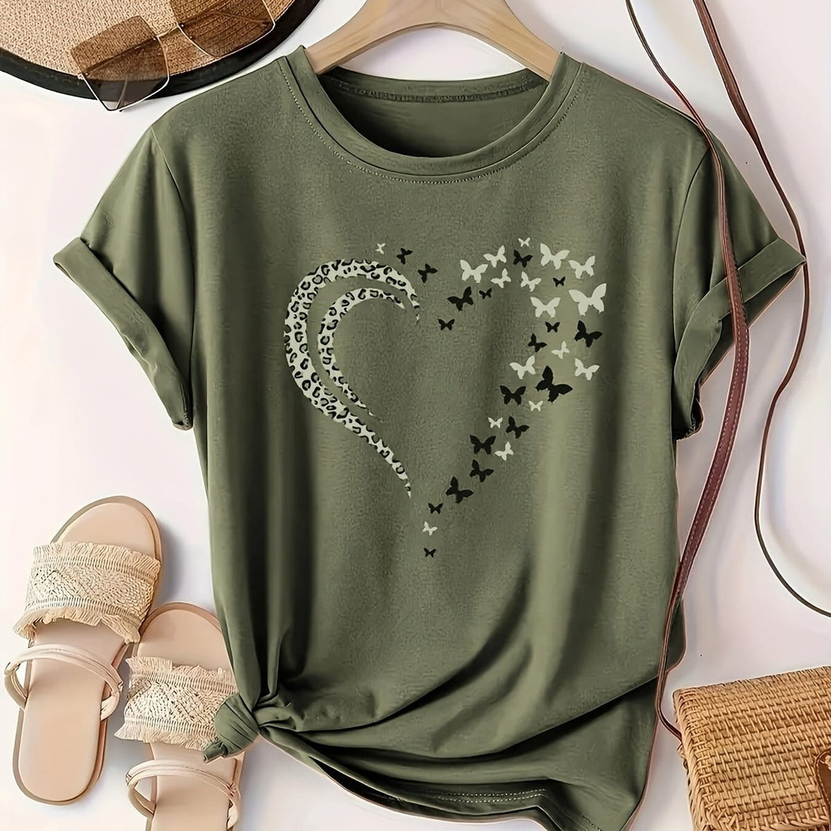 KissICON Olive Green / UK 18 Plus Size Heart Print T-Shirt, Casual Crew Neck Short Sleeve T-Shirt, Women's Plus Size Clothing