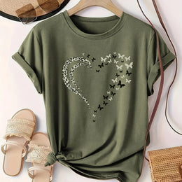 KissICON Olive Green / UK 18 Plus Size Heart Print T-Shirt, Casual Crew Neck Short Sleeve T-Shirt, Women's Plus Size Clothing