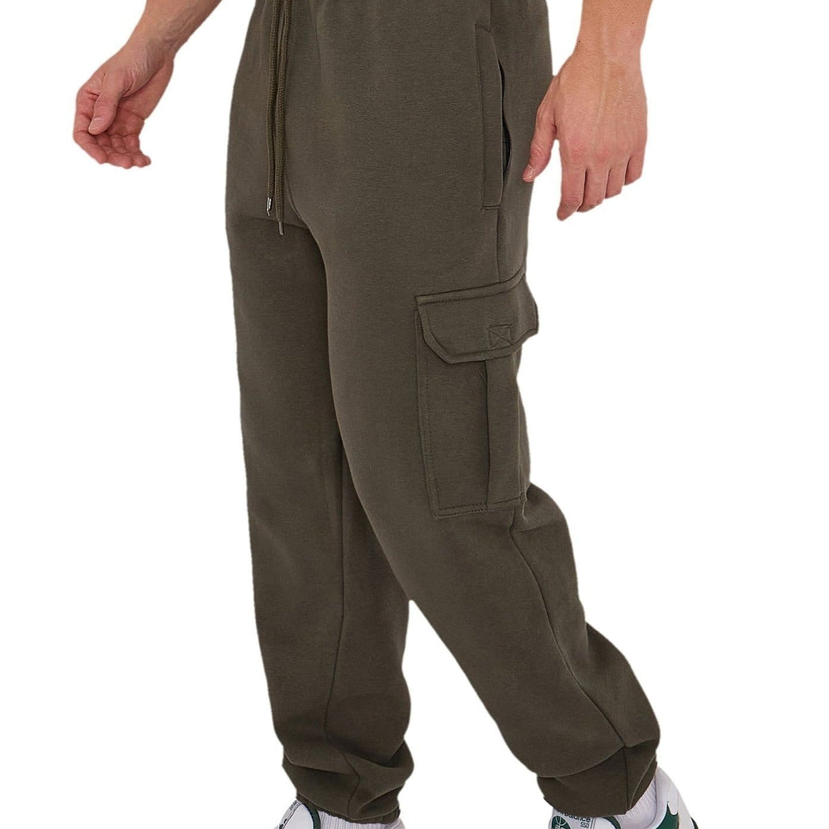 KissICON Olive Green / UK 36 LABEL APPAREL Men's Cargo Fleece Joggers – 290GSM Heavyweight Fabric Trousers, Elastic Waist, Drawstring & Ribbed Cuffs – Soft Cotton Blend Casual Sweatpants with Side Cargo Pockets Bottoms