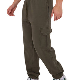 KissICON Olive Green / UK 36 LABEL APPAREL Men's Cargo Fleece Joggers – 290GSM Heavyweight Fabric Trousers, Elastic Waist, Drawstring & Ribbed Cuffs – Soft Cotton Blend Casual Sweatpants with Side Cargo Pockets Bottoms