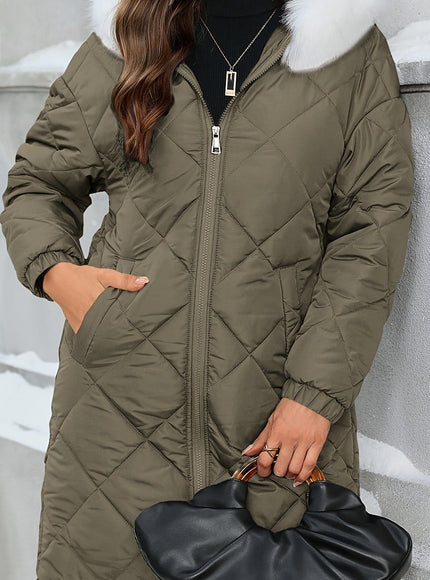 jkthpu-45 Olive / UK 16 Chic Plus Size Hooded ZipUp FallWinter Elegant Jacket