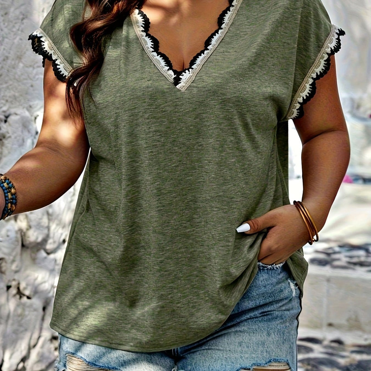 KissICON Olive / UK 18 Plus Size, Spring-Summer Plus Size Contrast Lace Trim T-Shirt Top