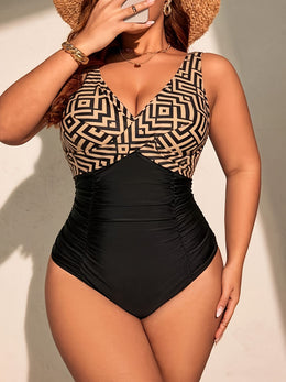 KissICON One-piece Geometric Print Black Spliced Beachwear Swimsuit