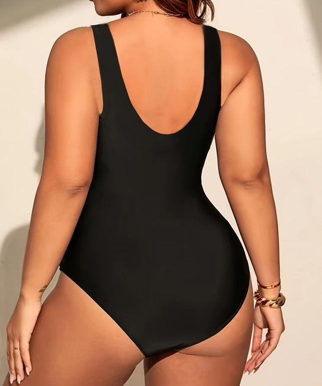 KissICON One-piece Geometric Print Black Spliced Beachwear Swimsuit