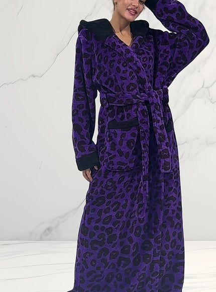 KissICON One-size / ZQ purple leopard print hooded dressing gown Plus Size Leopard Print Hooded Dressing Gown – 8 Colours