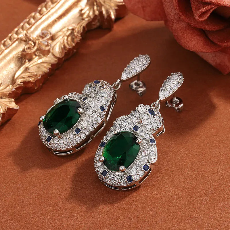 Dropshipman Option-1 925 Silver Plated Leopard Earrings With Shiny Green Zircon