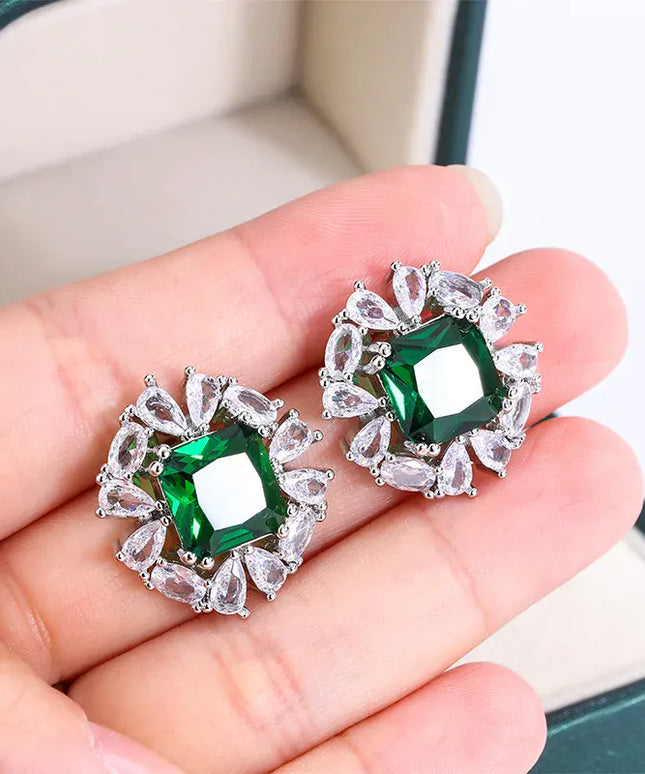 Dropshipman Option-1 KissIcon Classic 925 Silver Earrings - Shiny Green Zircon