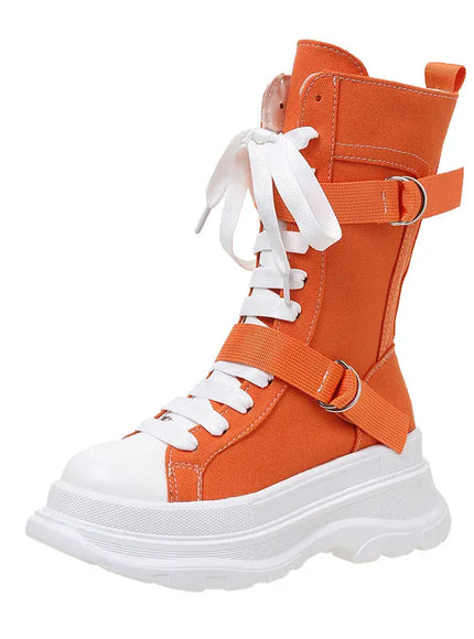 KissICON Orange / 35 Canvas Chunky Platform Women's Boots Lace-Up Side Zipper