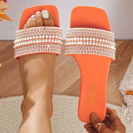KissICON Orange / 38 Women's Flat Bottom Sandals 2025 Summer New Style Beaded Rhinestone Shoes Womens Outdoor Fashion Slippers