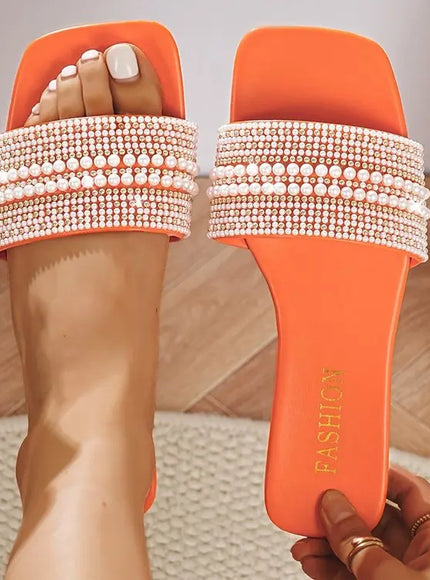 KissICON Orange / 42 Women's Flat Bottom Sandals 2025 Summer New Style Beaded Rhinestone Shoes Womens Outdoor Fashion Slippers