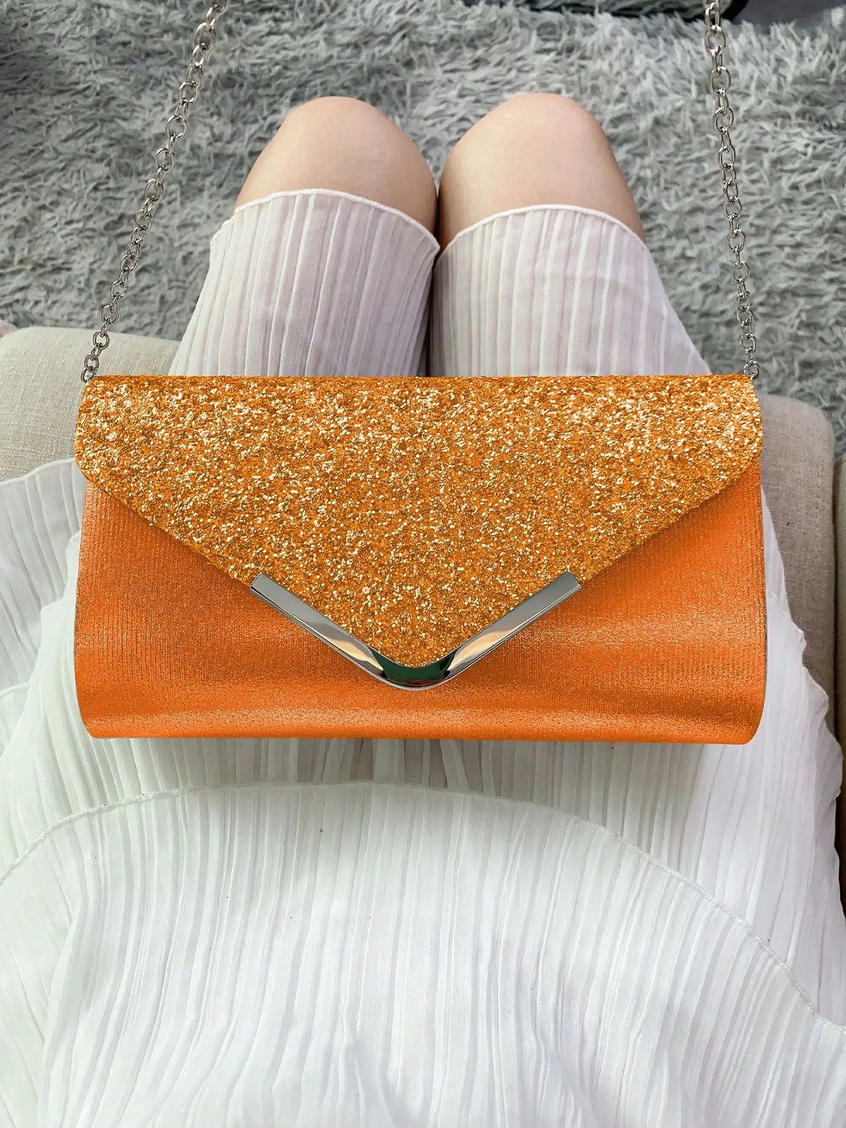 Dropshipman Orange Glitter Bling Envelope Clutch Bag – Shiny Party & Wedding Dinner Handbag