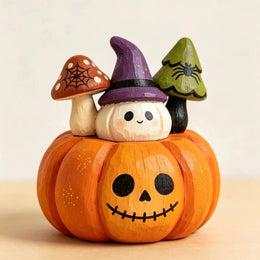 KissICON Orange Halloween Wooden Tabletop Decor, Hand-Painted Owl Ghost Pumpkin & Vampire Cat Figurines for Shelf Mantel Party Decoration
