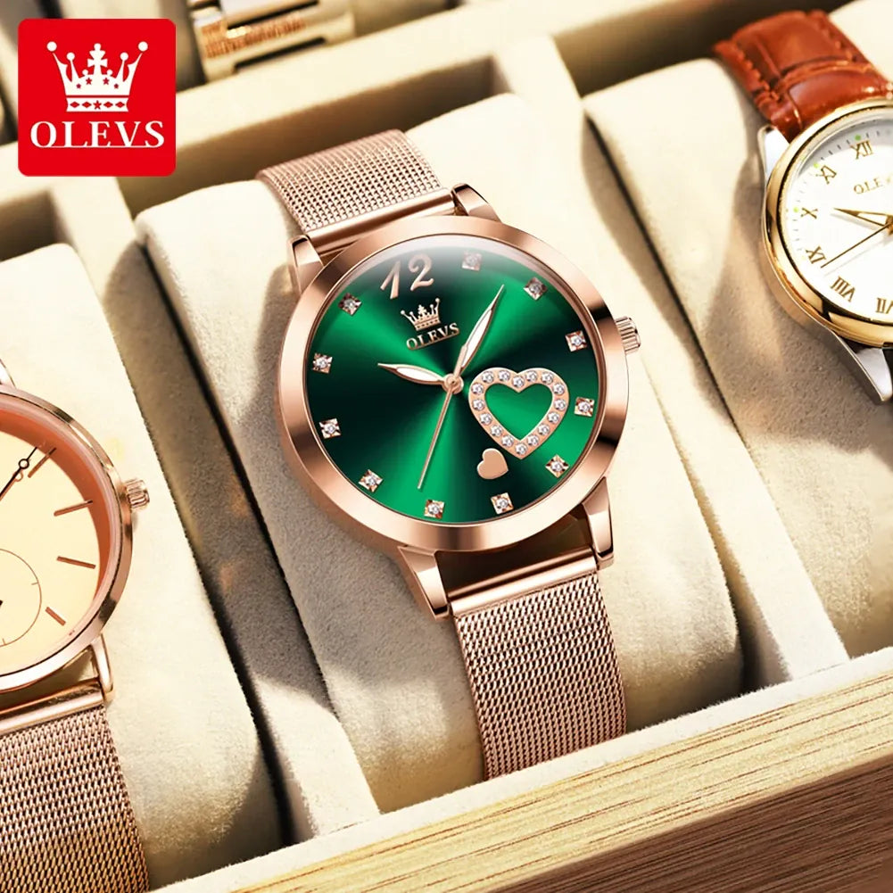 KissICON orange OLEVS Japan Quartz Women Watch Stainless steel Bracelet "Love" Dial Fashion Elegant Waterproof Luminous Quartz Watch for Ladies