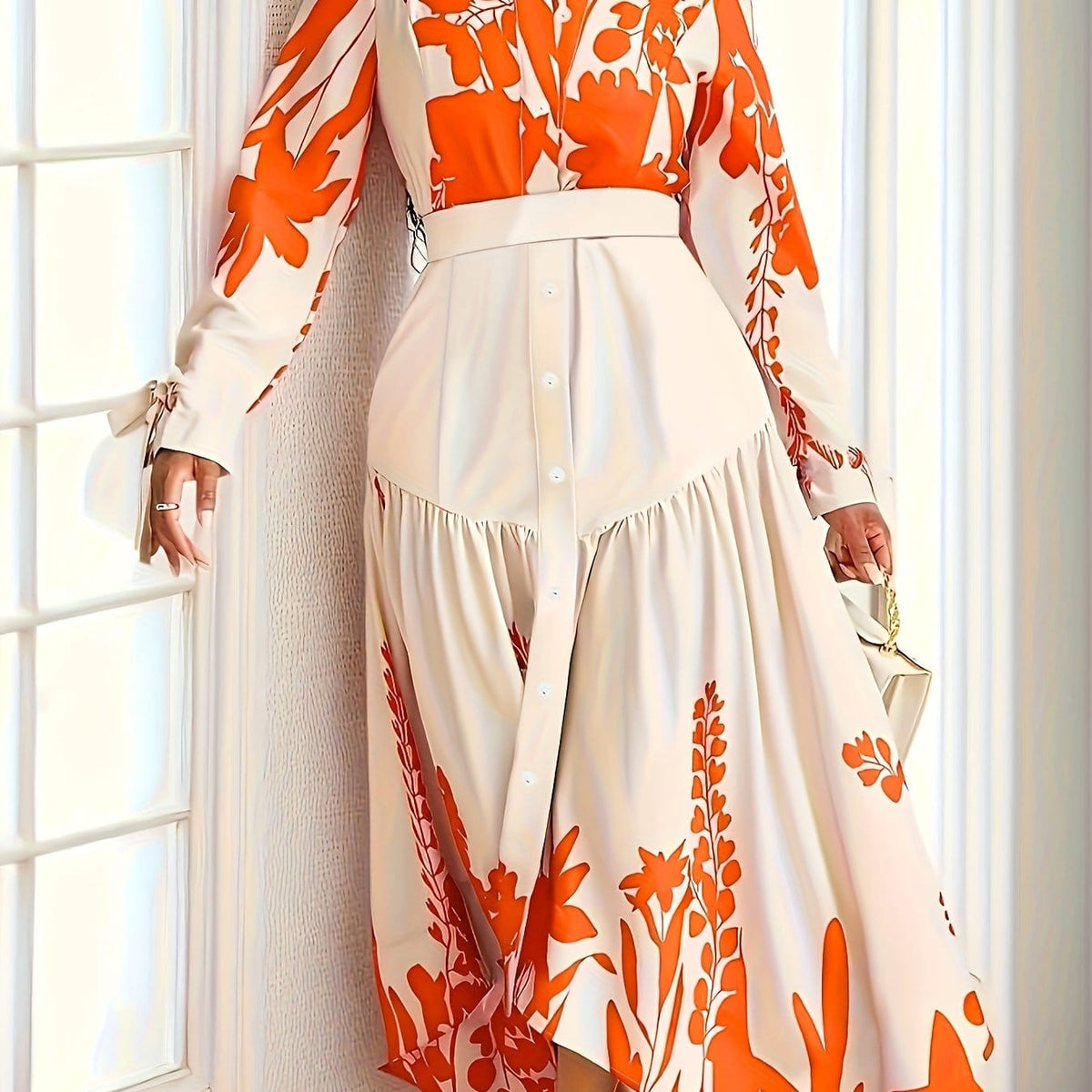 jkthpu-45 Orange-red / UK 18 Plus Size - Plus Size - Women'S Floral Print Pencil Dress with Belt - Long Sleeve, V-Neck, High-Waisted, Button-Up Front, Lightweight, Perfect for Spring & Fall, Casual to Formal Wear, Casual Dressing | Vneck Dress | Fabric