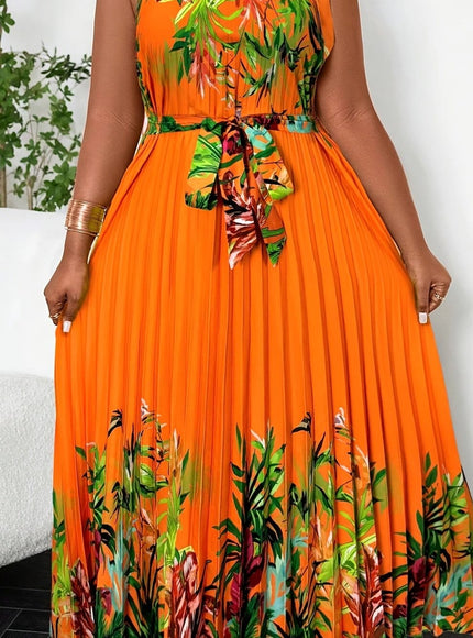 jkthpu-45 Orange / UK 18 Plus Size Bohemian Tropical Print Halter Neck Dress with Ruching - Vibrant Orange & Green Leaf Pattern, Lightweight Summer Casual Vacation Dress for Women, Machine Washable, Casual Summer Dresses