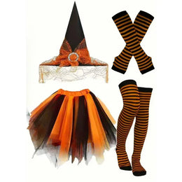 KissICON Orange4 Halloween Witch Costume Set Witch Hat Striped Tights Tutu Skirt Party Fancy Dress Outfit for Holiday Cosplay Dress Up