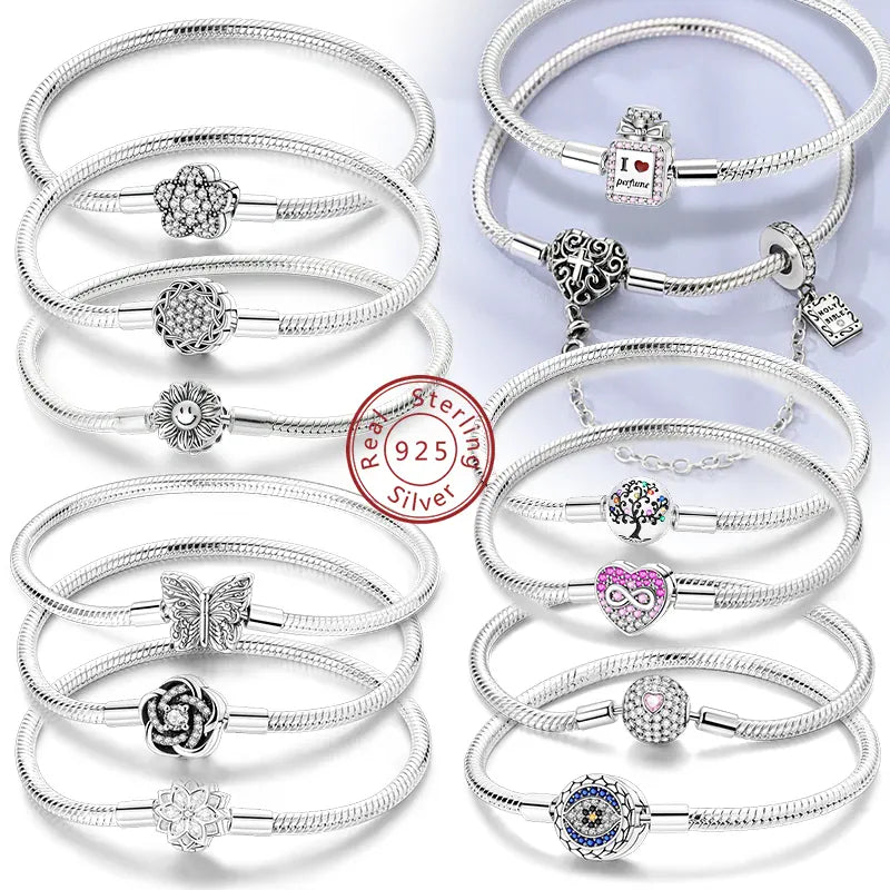 KissICON Original 925 Sterling Silver Bracelets 17-20CM Love Heart Flowers Butterfly Charms Beads Bracelet For Women Fashion Jewelry Gift