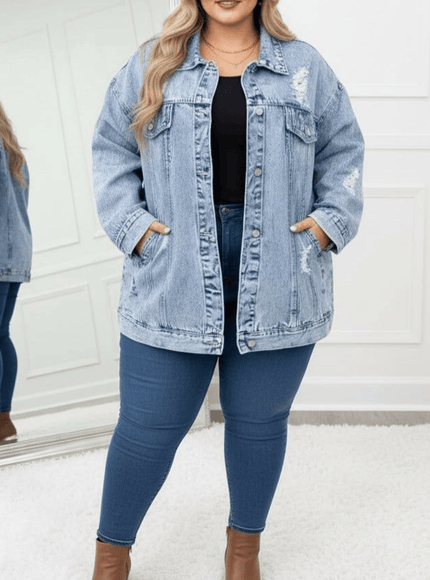 KissICON Oversized Distressed Denim Jacket – Plus Size Everyday Glam