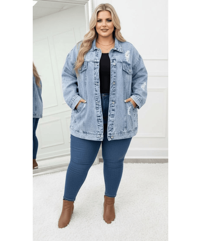 KissICON Oversized Distressed Denim Jacket – Plus Size Everyday Glam