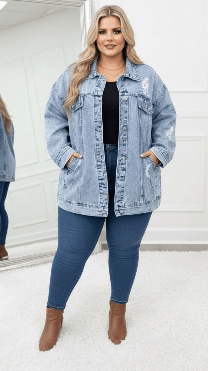 Oversized Distressed Denim Jacket – Plus Size Everyday Glam