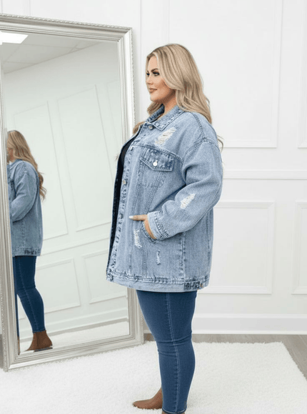 KissICON Oversized Distressed Denim Jacket – Plus Size Everyday Glam