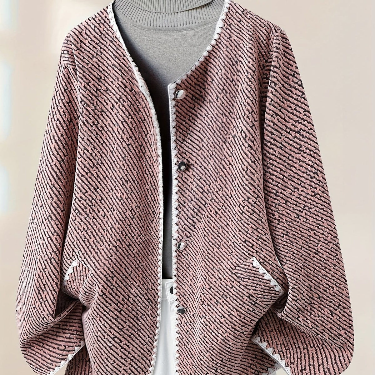 KissICON Pale Pinkish Gray / UK 16 Elegant Curve Greywhite Contrast Collar Jacket