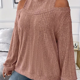 jkthpu-45 Pale Pinkish Gray / UK 18 Elegant Plus Size Solid Long Sleeve Knit Tee