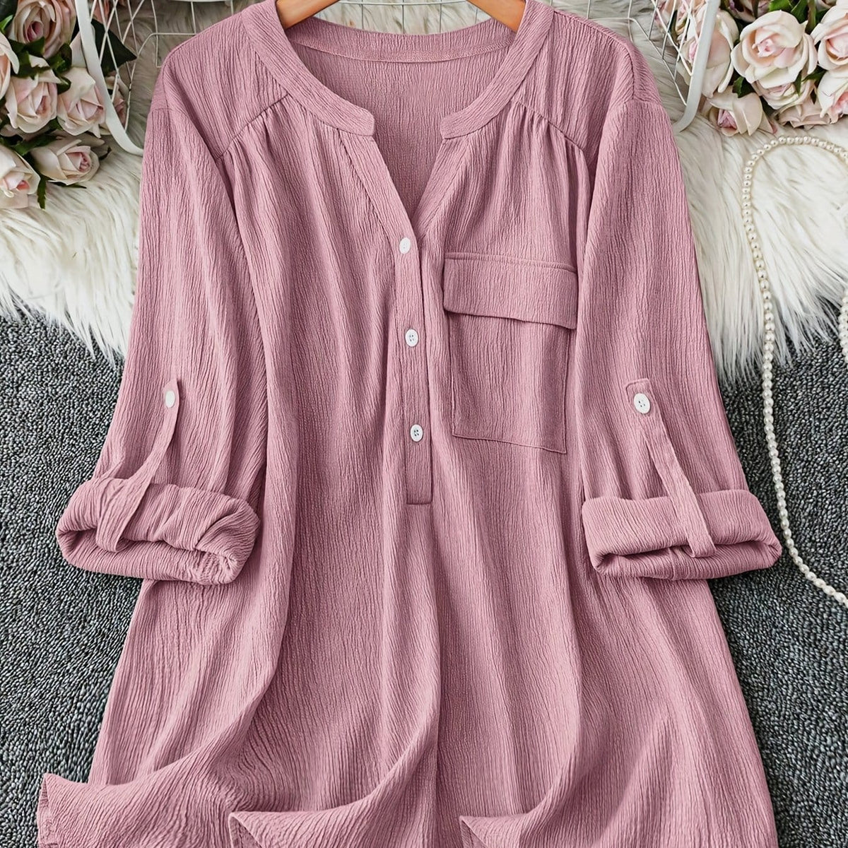 jkthpu-45 Pale Pinkish Gray / UK 18 Plus Size Pale Pink Oversized Casual Long Sleeve Button-Up Shirt