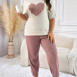 jkthpu-45 Pale Pinkish Gray / UK 18 PlusSize Heart Embroidered Striped Pajama Set
