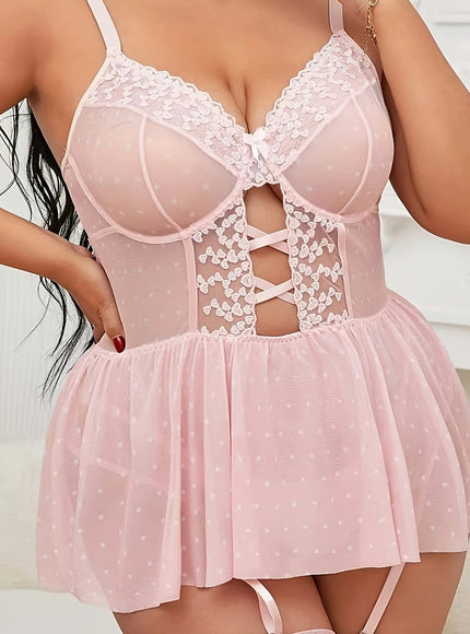 jkthpu-45 Pale Pinkish Gray / UK 18 Sexy Polka Dot Mesh Jumpsuit Set with Stockings