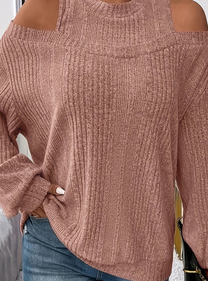 jkthpu-45 Pale Pinkish Gray / UK 18 Women's Ribbed Top - Elegant Asymmetrical Long Sleeve