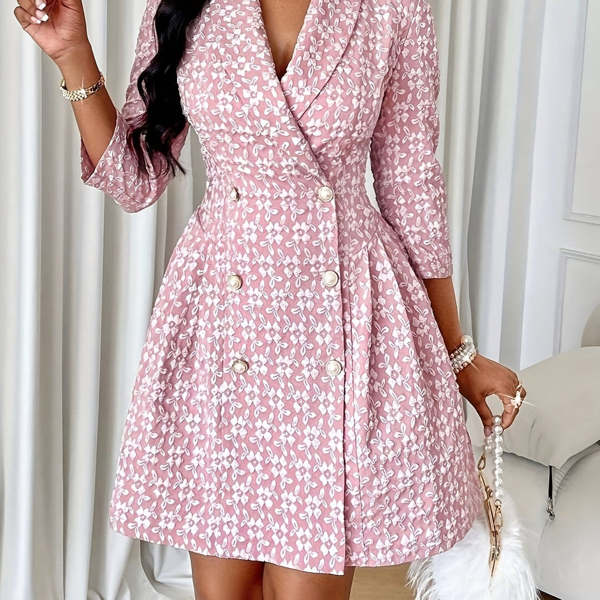 jkthpu-45 Pale Pinkish Gray / UK 8 Elegant Floral Print Double-Breasted Pleated Midi Dress with Belted Waist - Long Sleeve, Polyester, All-Season Wear for Women, Floral Print Dress