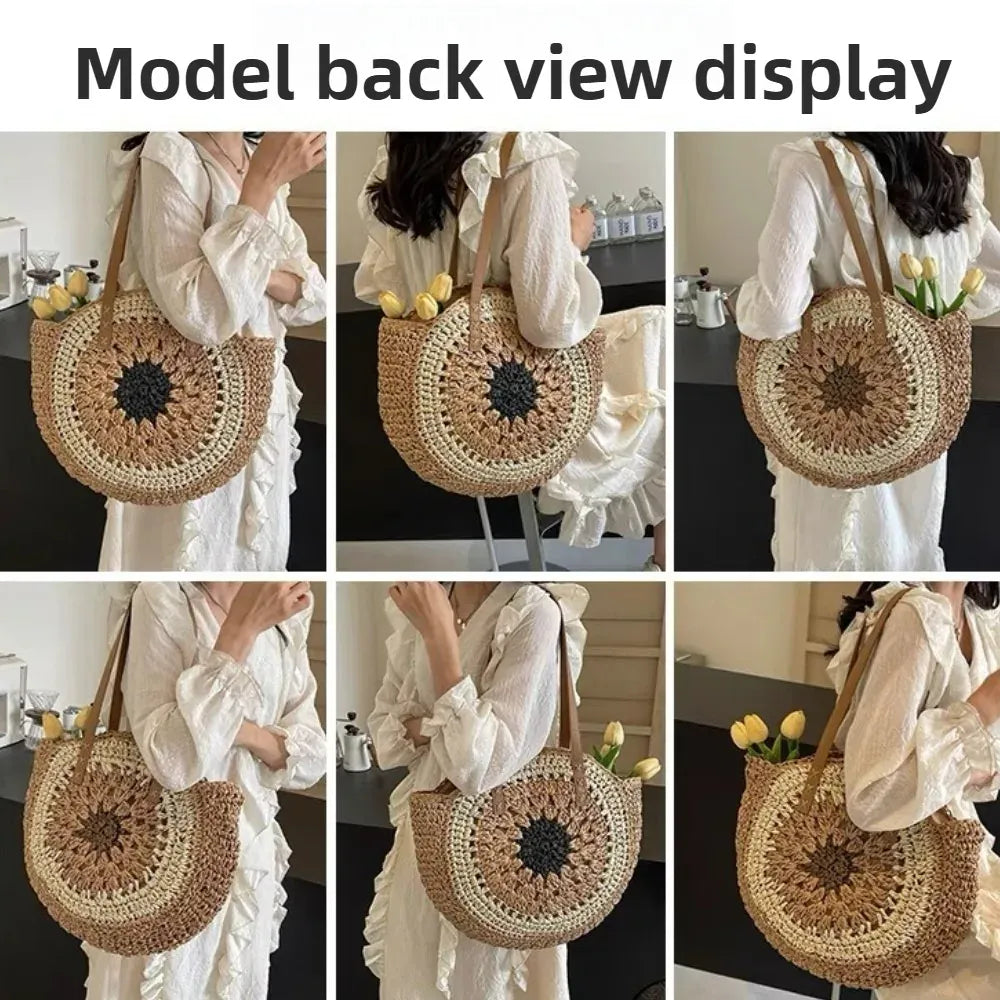 KissICON Paper Rope Hollow Colorful Disc Woven Beach Shoulder Bag