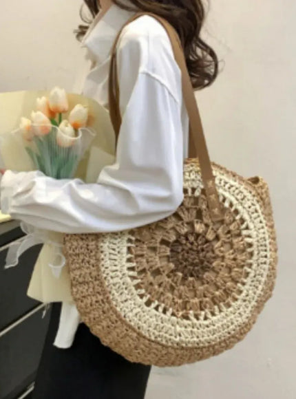 KissICON Paper Rope Hollow Colorful Disc Woven Beach Shoulder Bag