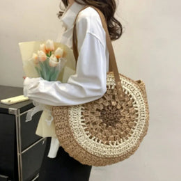 KissICON Paper Rope Hollow Colorful Disc Woven Beach Shoulder Bag