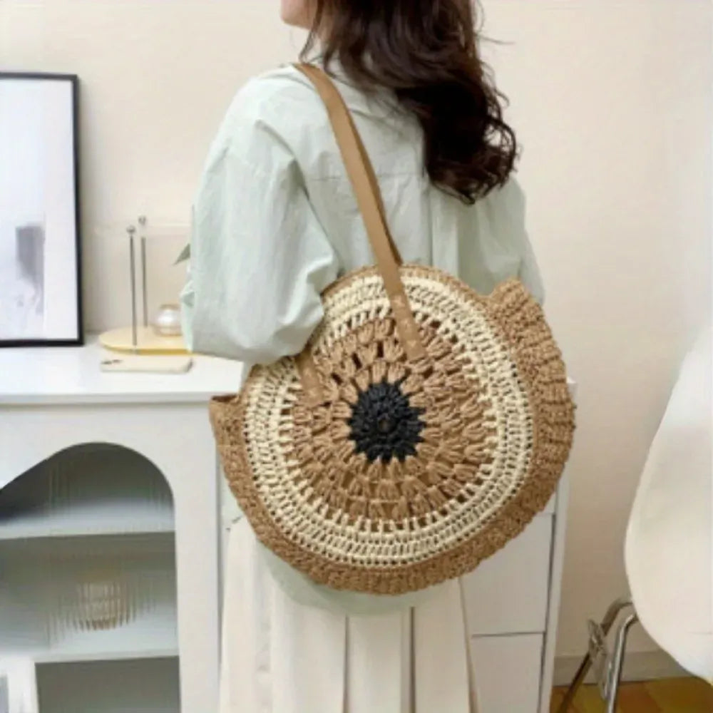 KissICON Paper Rope Hollow Colorful Disc Woven Beach Shoulder Bag
