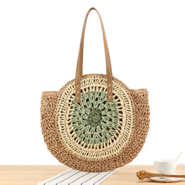 KissICON Paper Rope Hollow Colorful Disc Woven Beach Shoulder Bag