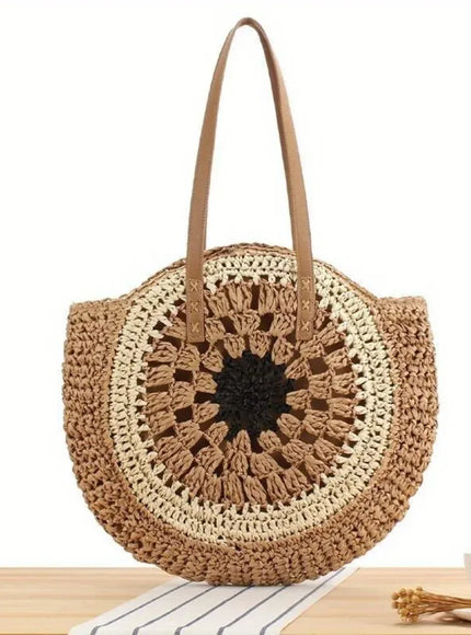 KissICON Paper Rope Hollow Colorful Disc Woven Beach Shoulder Bag