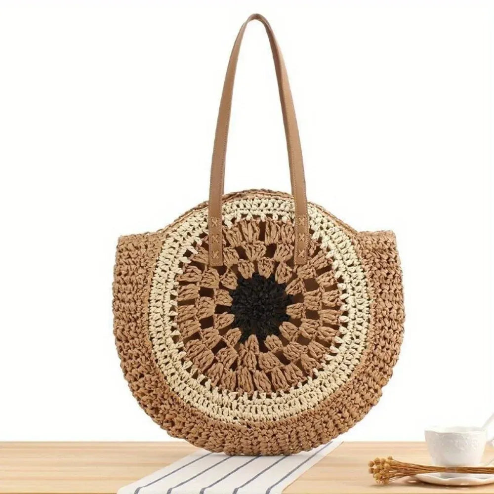 KissICON Paper Rope Hollow Colorful Disc Woven Beach Shoulder Bag