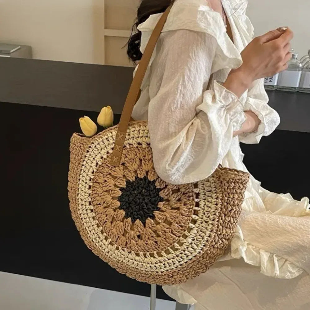 KissICON Paper Rope Hollow Colorful Disc Woven Beach Shoulder Bag