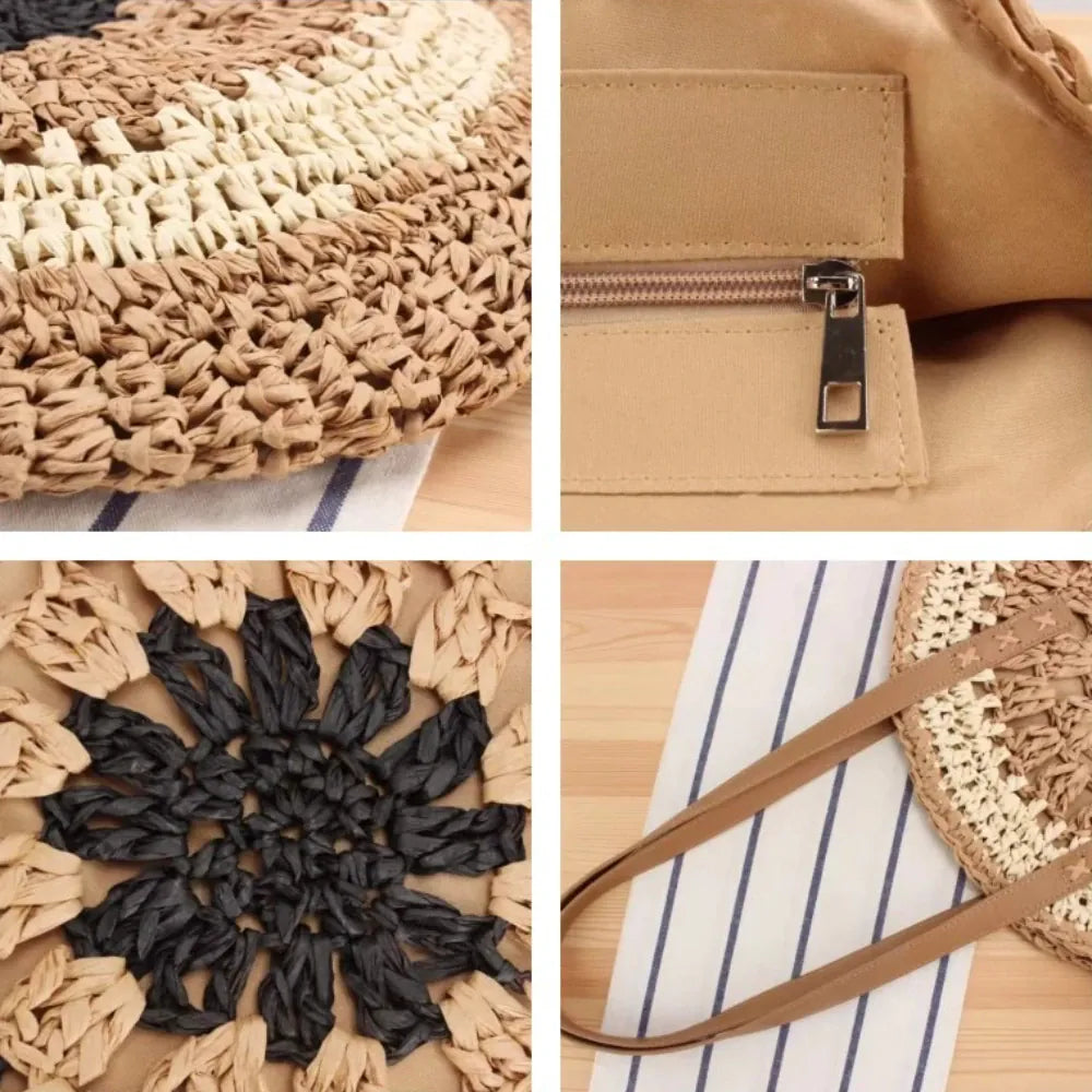 KissICON Paper Rope Hollow Colorful Disc Woven Beach Shoulder Bag
