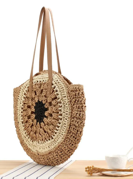 KissICON Paper Rope Hollow Colorful Disc Woven Beach Shoulder Bag