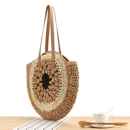 KissICON Paper Rope Hollow Colorful Disc Woven Beach Shoulder Bag