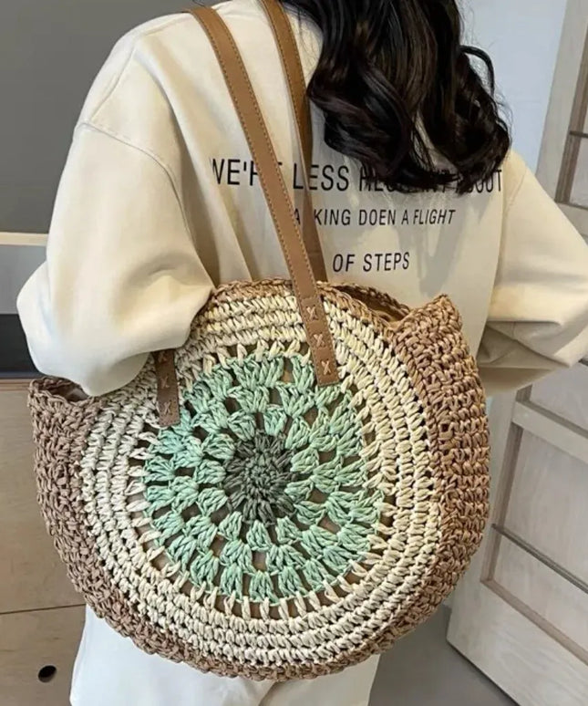 KissICON Paper Rope Hollow Colorful Disc Woven Beach Shoulder Bag