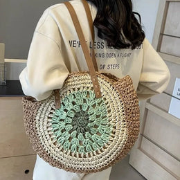 KissICON Paper Rope Hollow Colorful Disc Woven Beach Shoulder Bag