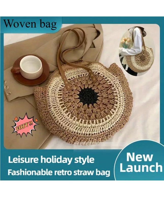KissICON Paper Rope Hollow Colorful Disc Woven Beach Shoulder Bag