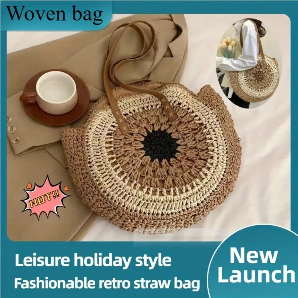KissICON Paper Rope Hollow Colorful Disc Woven Beach Shoulder Bag