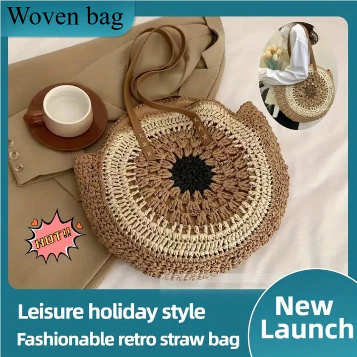 Paper Rope Hollow Colorful Disc Woven Beach Shoulder Bag