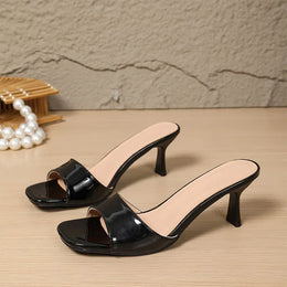 KissICON Patent Leather Black High Heels Sandals for Women